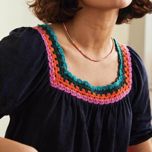 Boden Linen Square Neck Crochet Trim Top Size 10 Puff Sleeve Coastal Boho Chic - Picture 5 of 9
